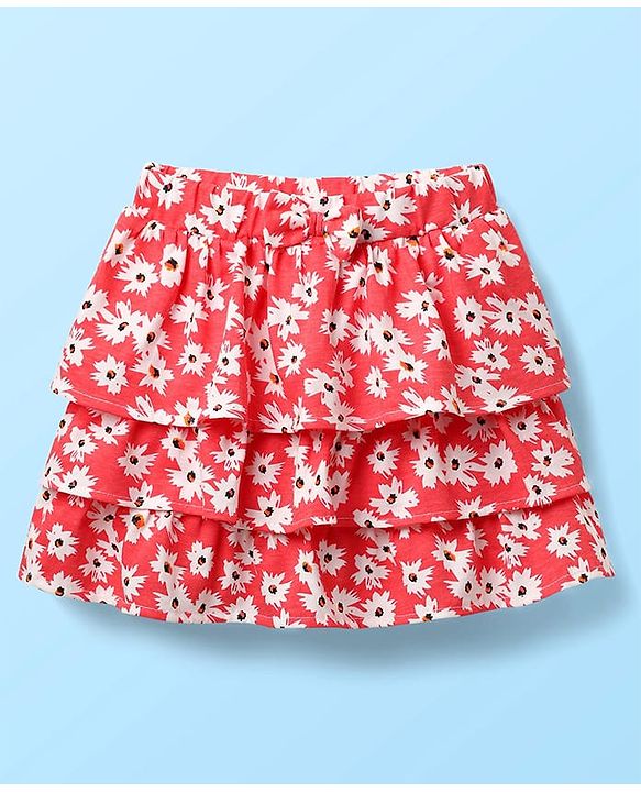 Babyhug Schiffili 100% Cotton Knit Sleeveless Top & Skirt with Floral Print - White & Red