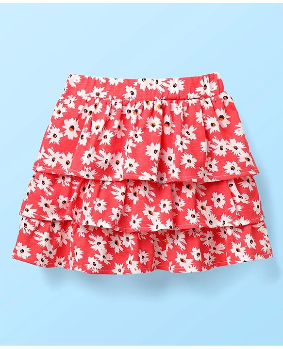 Babyhug Schiffili 100% Cotton Knit Sleeveless Top & Skirt with Floral Print - White & Red