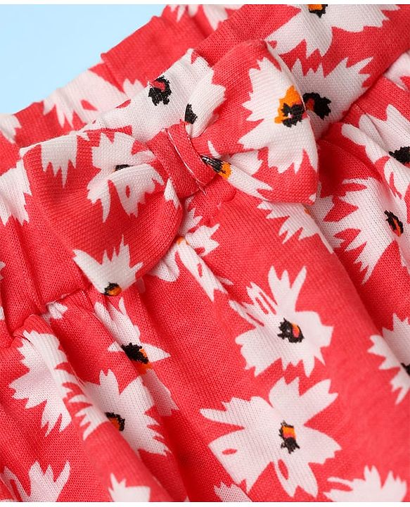 Babyhug Schiffili 100% Cotton Knit Sleeveless Top & Skirt with Floral Print - White & Red