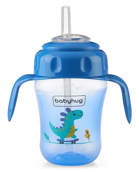 Babyhug Dino Printed Sipper Bottle With Silicone Spout & Straw Blue - 210 ml