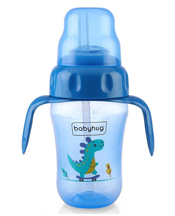 Babyhug Dino Printed Sipper Bottle With Silicone Spout & Straw Blue - 210 ml