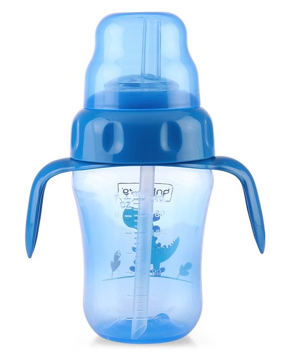 Babyhug Dino Printed Sipper Bottle With Silicone Spout & Straw Blue - 210 ml