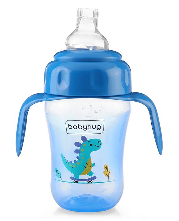 Babyhug Dino Printed Sipper Bottle With Silicone Spout & Straw Blue - 210 ml