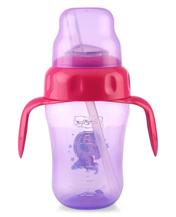 Babyhug Dino Printed Sipper Bottle With Silicone Spout & Straw Blue - 210 ml