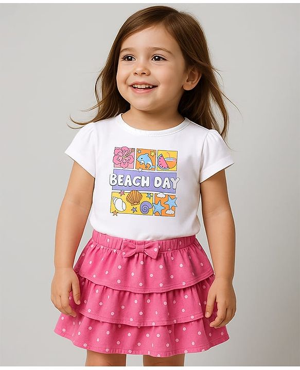 Babyhug Single Jersey Knit Half Sleeves Top & Skirt Set with Beach Day Text Print - Pink