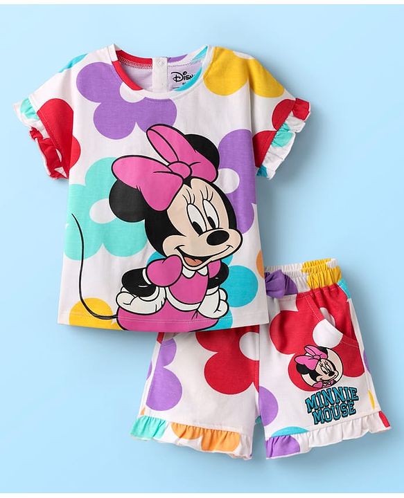 Babyhug Disney Single Jersey Knit Half Sleeves T-Shirt & Shorts Set With Minnie Mouse Graphics - White