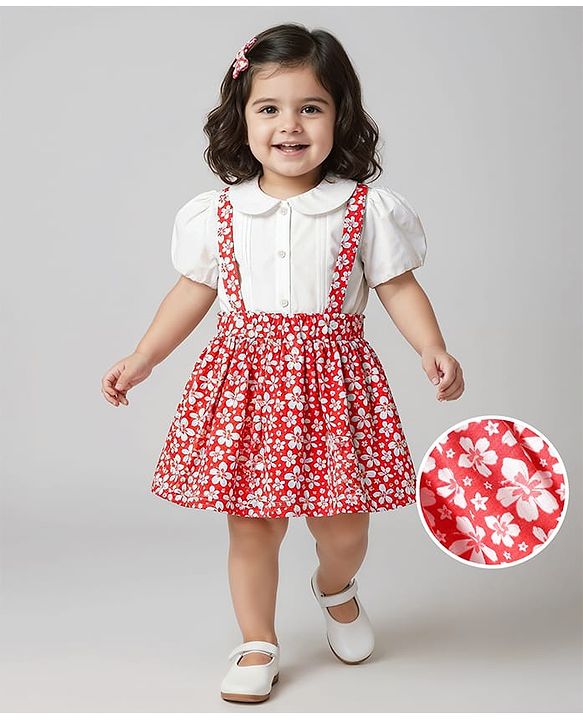 Babyhug Single Jersey Knit Half Puffed Sleeves Top & Skirt Set With Floral Print - White & Red