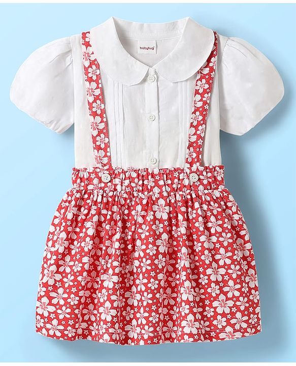 Babyhug Single Jersey Knit Half Puffed Sleeves Top & Skirt Set With Floral Print - White & Red
