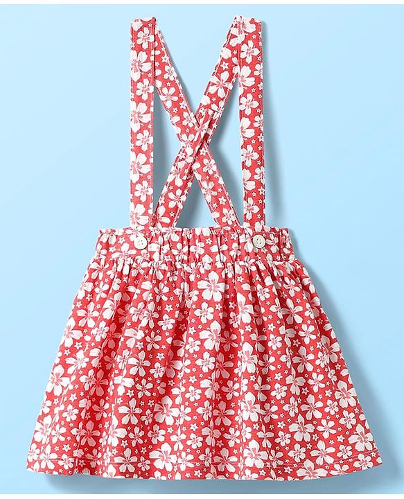 Babyhug Single Jersey Knit Half Puffed Sleeves Top & Skirt Set With Floral Print - White & Red