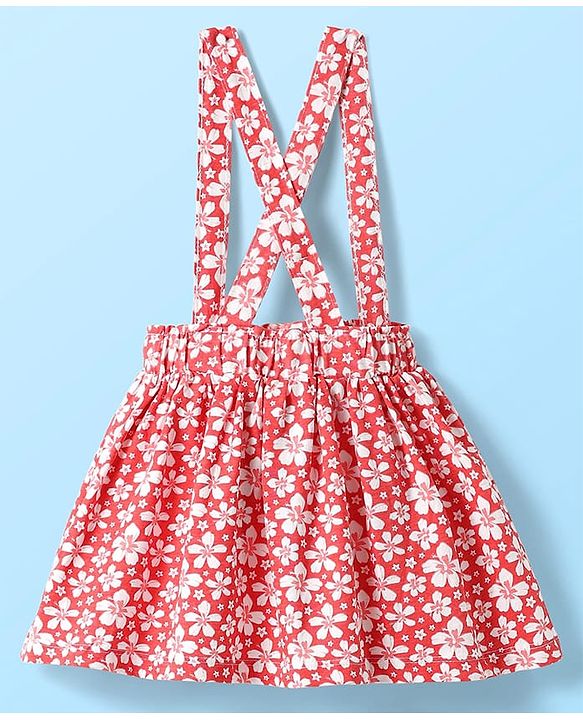 Babyhug Single Jersey Knit Half Puffed Sleeves Top & Skirt Set With Floral Print - White & Red