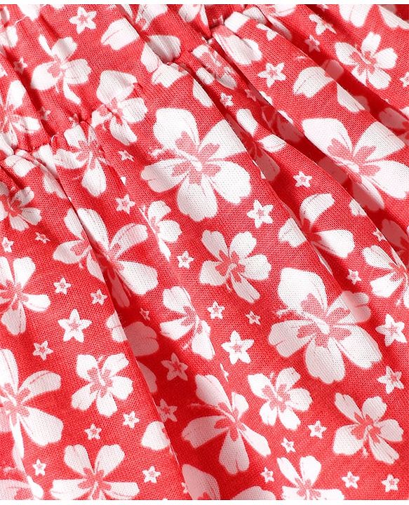 Babyhug Single Jersey Knit Half Puffed Sleeves Top & Skirt Set With Floral Print - White & Red