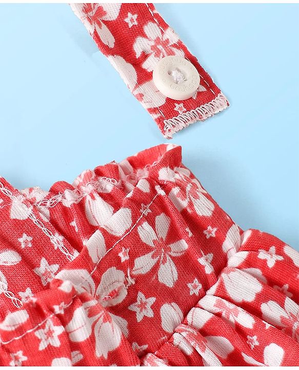 Babyhug Single Jersey Knit Half Puffed Sleeves Top & Skirt Set With Floral Print - White & Red