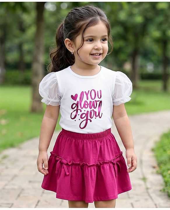 Babyhug Single Jersey Knit Half Puffed Sleeves Top & Skirt Set with Text Print - White & Pink