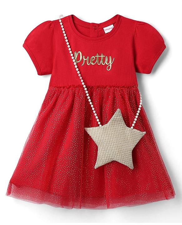 Babyhug Half Sleeves Solid Color Frock Swimsuit Bow Applique - Maroon main image 0