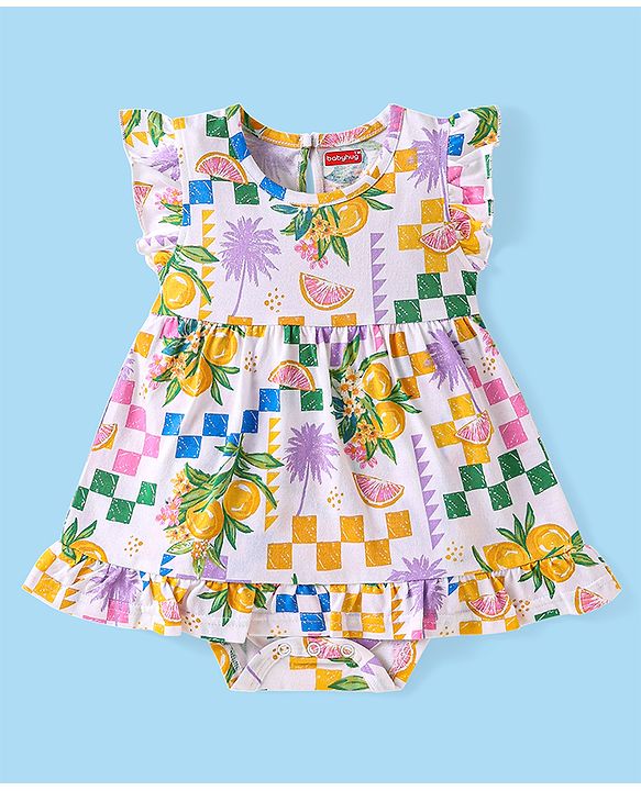 Babyhug 100% Cotton Knit Frill Sleeves Frock Style Onesie with Oranges Print - White