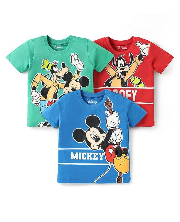 Babyhug Disney Single Jersey Knit  Half Sleeves T-Shirts With Mickey Mouse Family Graphics Pack Of 3 - Blue & Red