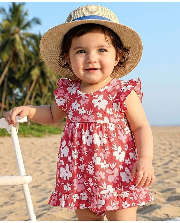 Babyhug 100% Cotton Knit Frill Sleeves Frock Style Onesie with Floral Print - Red