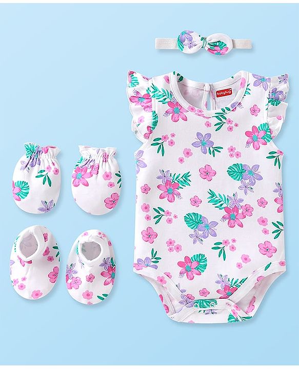 Babyhug 100% Cotton Knit Half Sleeves Floral Printed Onesie with Hairband & Mittens Booties - White