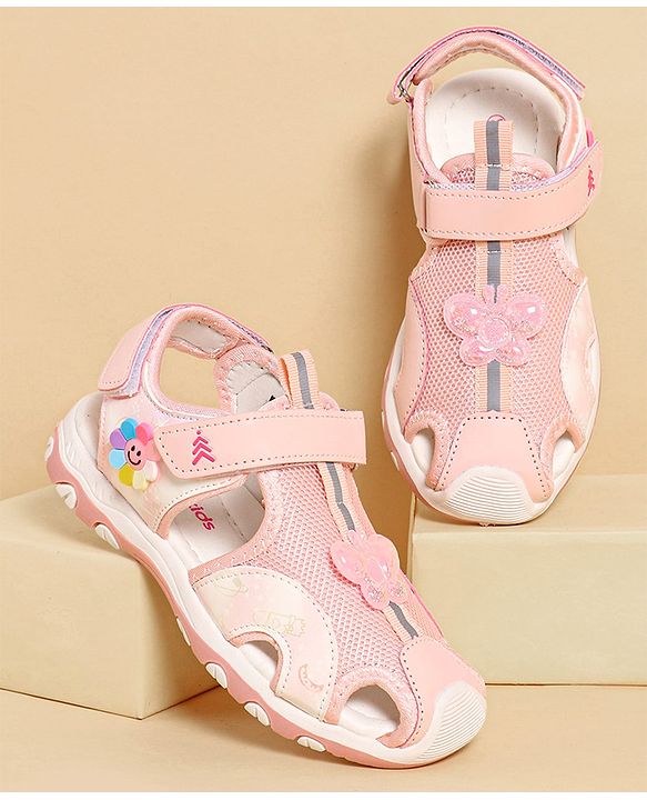Pine Kids Sandals with Velcro Closure & Butterfly Applique - Pink