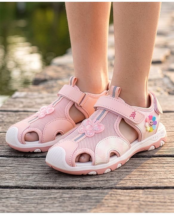 Pine Kids Sandals with Velcro Closure & Butterfly Applique - Pink