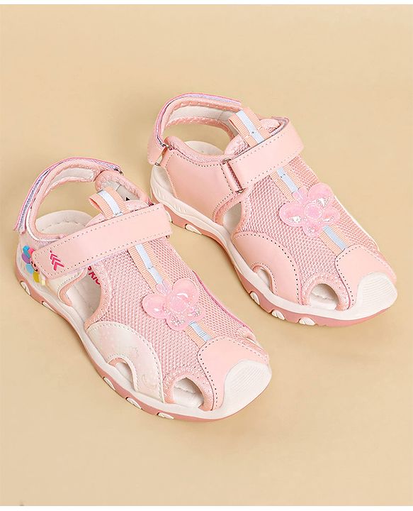 Pine Kids Sandals with Velcro Closure & Butterfly Applique - Pink