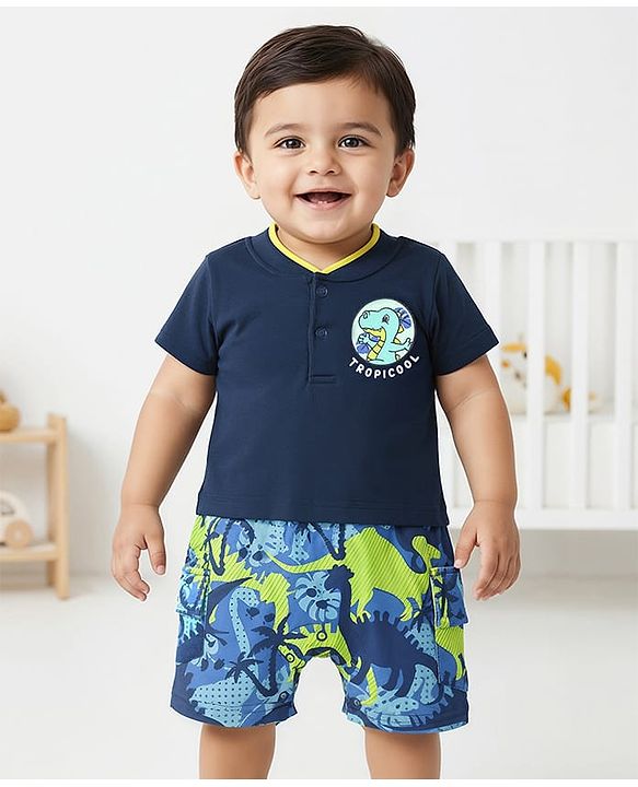 Babyhug 100% Cotton Knit Half Sleeves Romper With Dino Print - Navy Blue