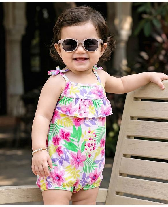 Babyhug 100% Cotton Knit Sleeveless Romper with Floral Print - White