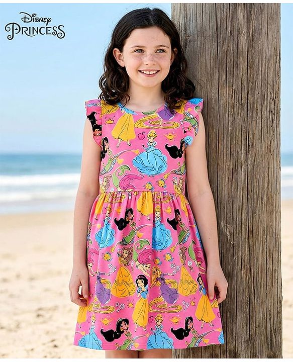 Pine Kids Disney Single Jersey Knit Frill Sleeves Frock with Disney Princess Graphics - Pink