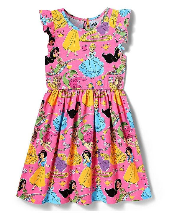 Pine Kids Disney Single Jersey Knit Frill Sleeves Frock with Disney Princess Graphics - Pink