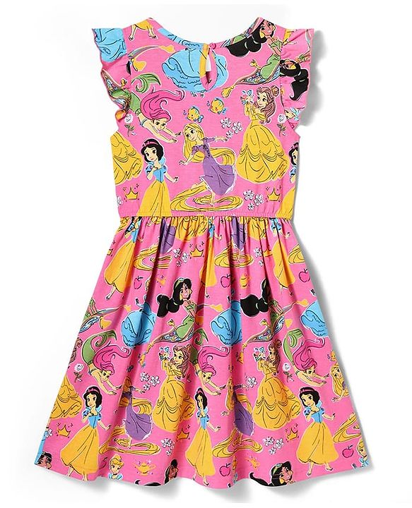 Pine Kids Disney Single Jersey Knit Frill Sleeves Frock with Disney Princess Graphics - Pink