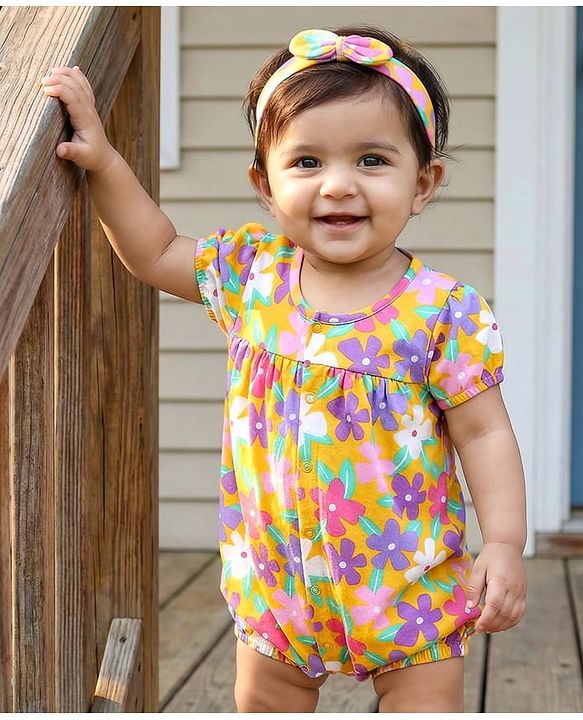 Babyhug 100% Cotton Knit Half Puffed Sleeves Front Open Romper with Headband & Floral Print - Yellow