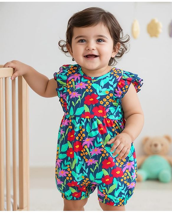 Babyhug 100% Cotton Knit Half Sleeves Romper with Floral Print - Blue