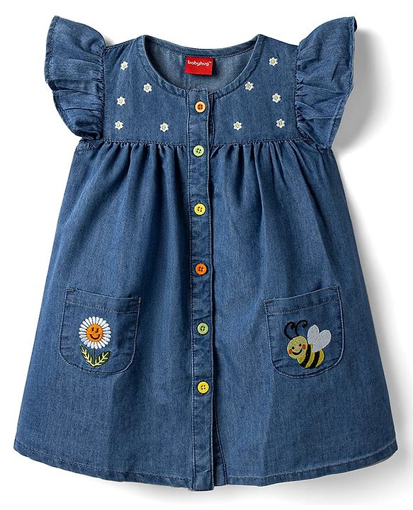 Babyhug Frill Sleeves Front Open Denim Frock with Floral Embroidery - Navy Blue