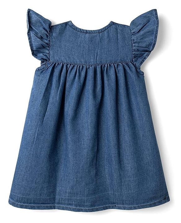 Babyhug Frill Sleeves Front Open Denim Frock with Floral Embroidery - Navy Blue