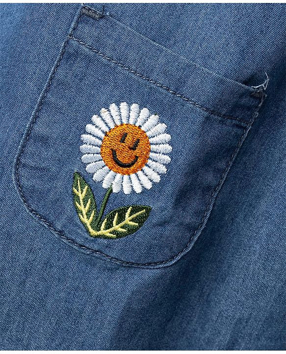 Babyhug Frill Sleeves Front Open Denim Frock with Floral Embroidery - Navy Blue