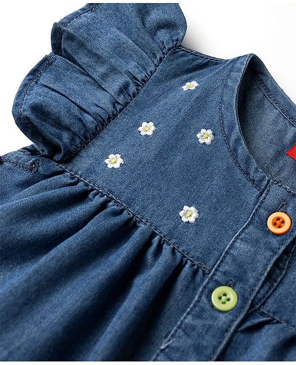 Babyhug Frill Sleeves Front Open Denim Frock with Floral Embroidery - Navy Blue