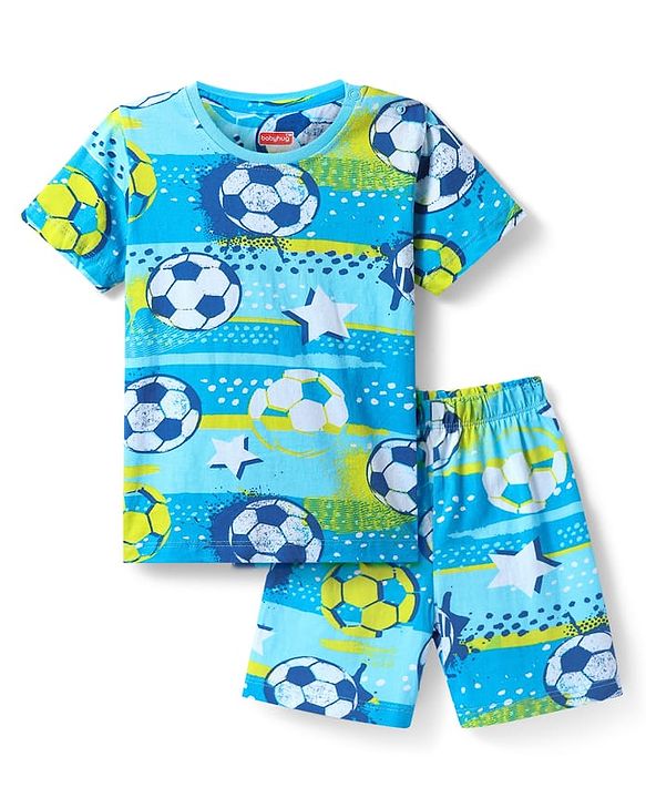 Babyhug Cotton Knit Half Sleeves Shorts Co-ord Nightsuit with Football - Blue