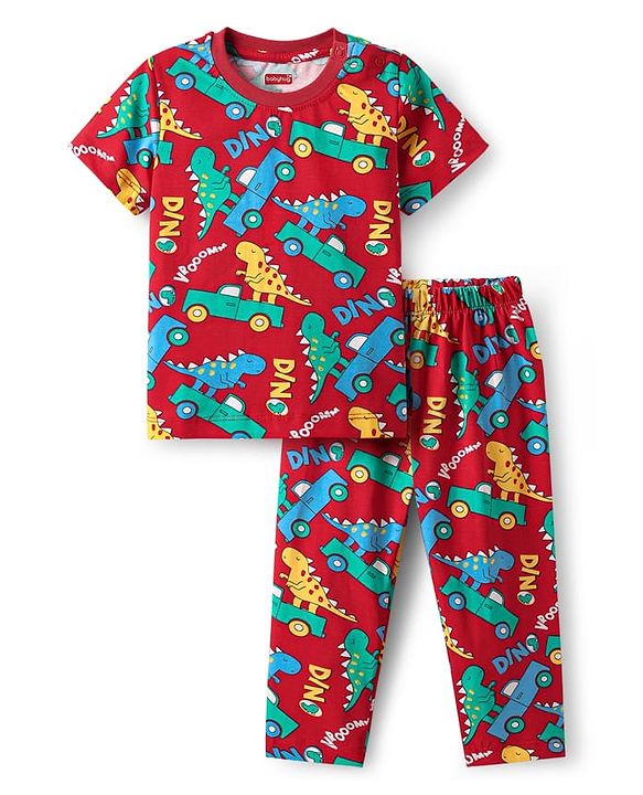 Babyhug Cotton Knit Half Sleeves Shorts Co-Ord Night Suit With Boat Print - Orange