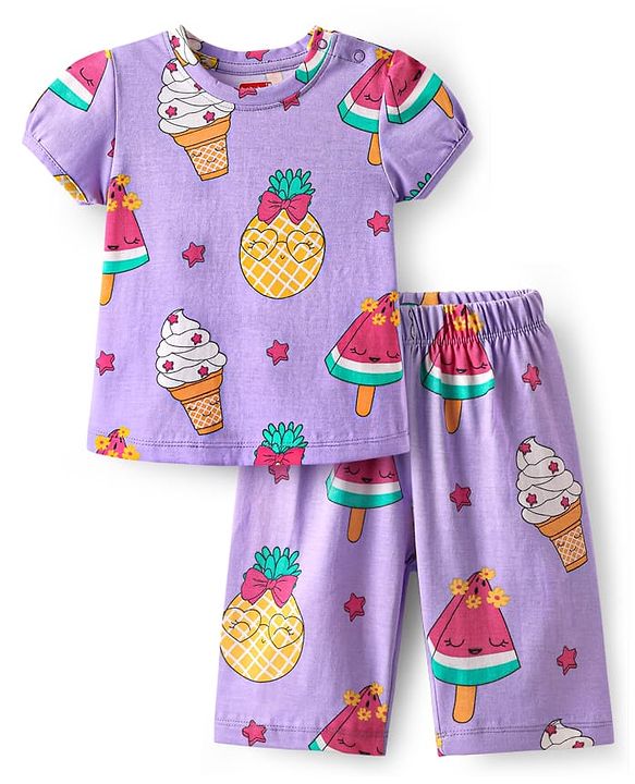 Babyhug Cotton Knit Half Sleeves Capri Nightsuit with Icecream Print - Purple