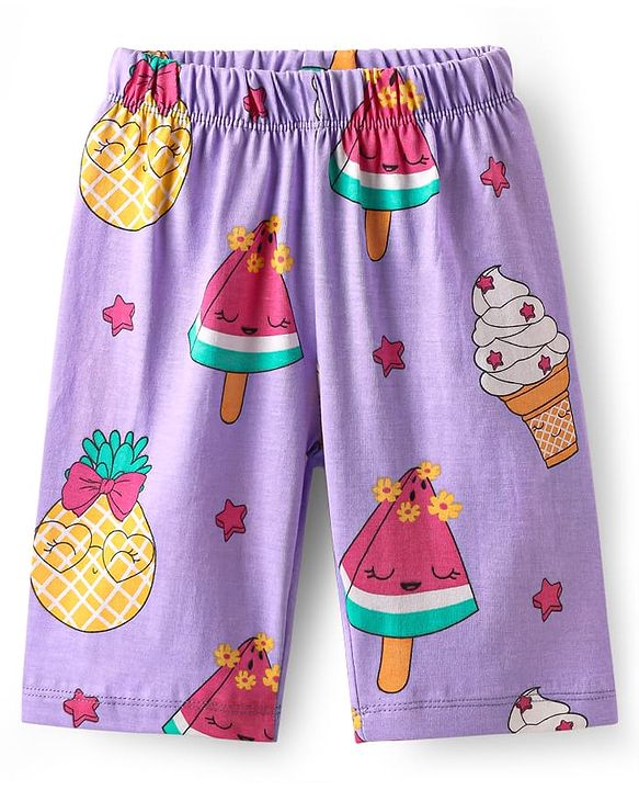 Babyhug Cotton Knit Half Sleeves Capri Nightsuit with Icecream Print - Purple