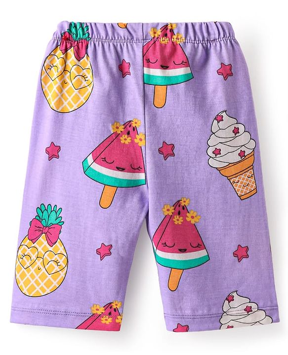 Babyhug Cotton Knit Half Sleeves Capri Nightsuit with Icecream Print - Purple