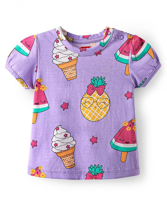 Babyhug Cotton Knit Half Sleeves Capri Nightsuit with Icecream Print - Purple