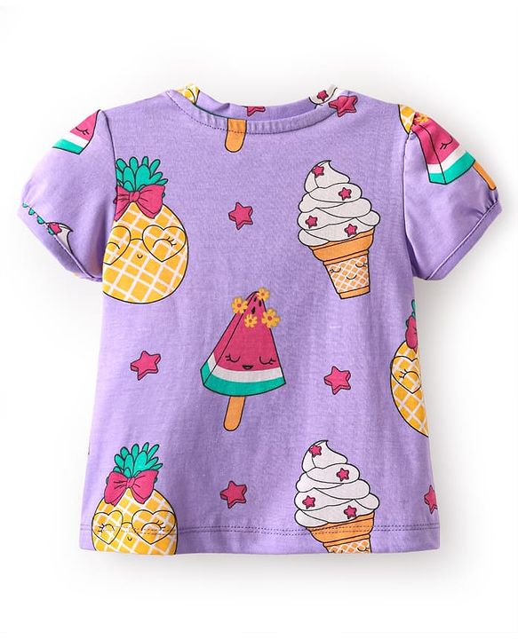 Babyhug Cotton Knit Half Sleeves Capri Nightsuit with Icecream Print - Purple