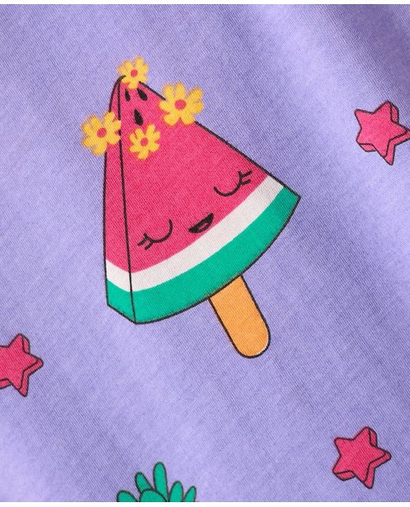 Babyhug Cotton Knit Half Sleeves Capri Nightsuit with Icecream Print - Purple