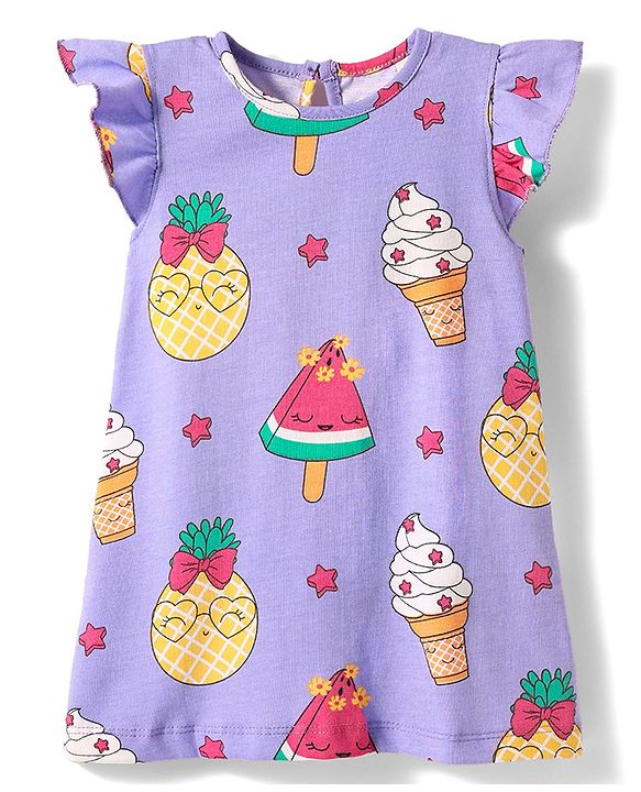 Babyhug Cotton Knit Half Sleeves Capri Nightsuit with Icecream Print - Purple
