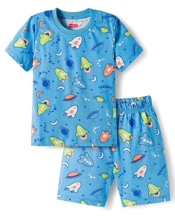 Babyhug Cotton Knit Half Sleeves Co-ords Shorts Night Suit with Ball Print - Light Blue