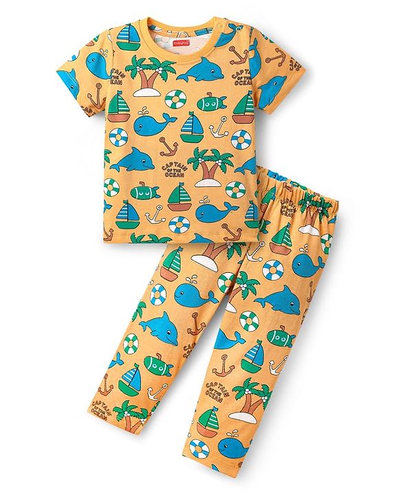 Babyhug Cotton Knit Half Sleeves Co-ords Night Suit with Nautical Theme Print - Yellow
