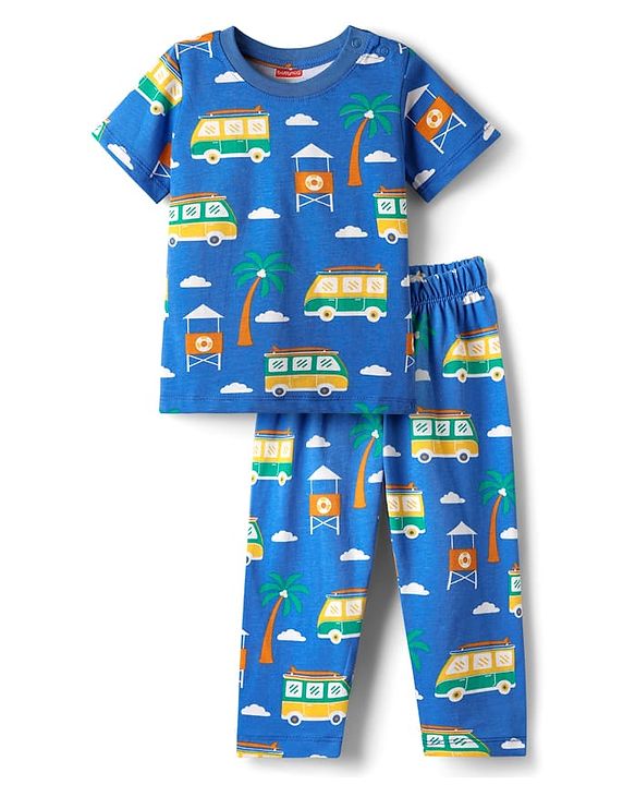 Babyhug Cotton Knit Half Sleeves Co-Ord Night Suit With Vehicle Print - Blue