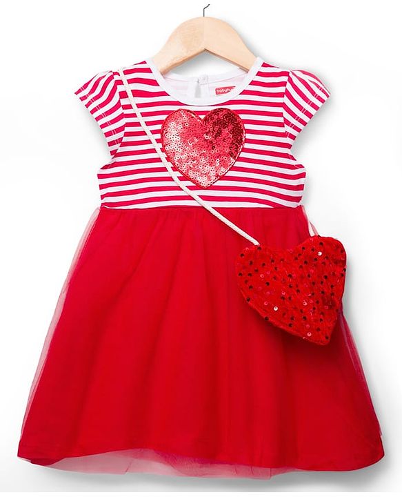 Babyhug Single Jersey Knit Cap Sleeves Frock with Stripes Sequined Heart & Sling Bag - Red