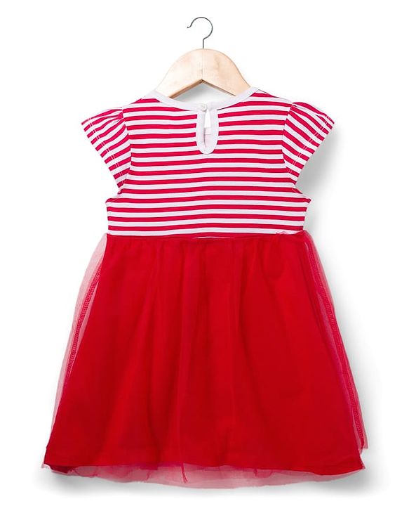 Babyhug Single Jersey Knit Cap Sleeves Frock with Stripes Sequined Heart & Sling Bag - Red